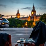 Flick International Elegant helicopter parked at a busy London helipad at dusk