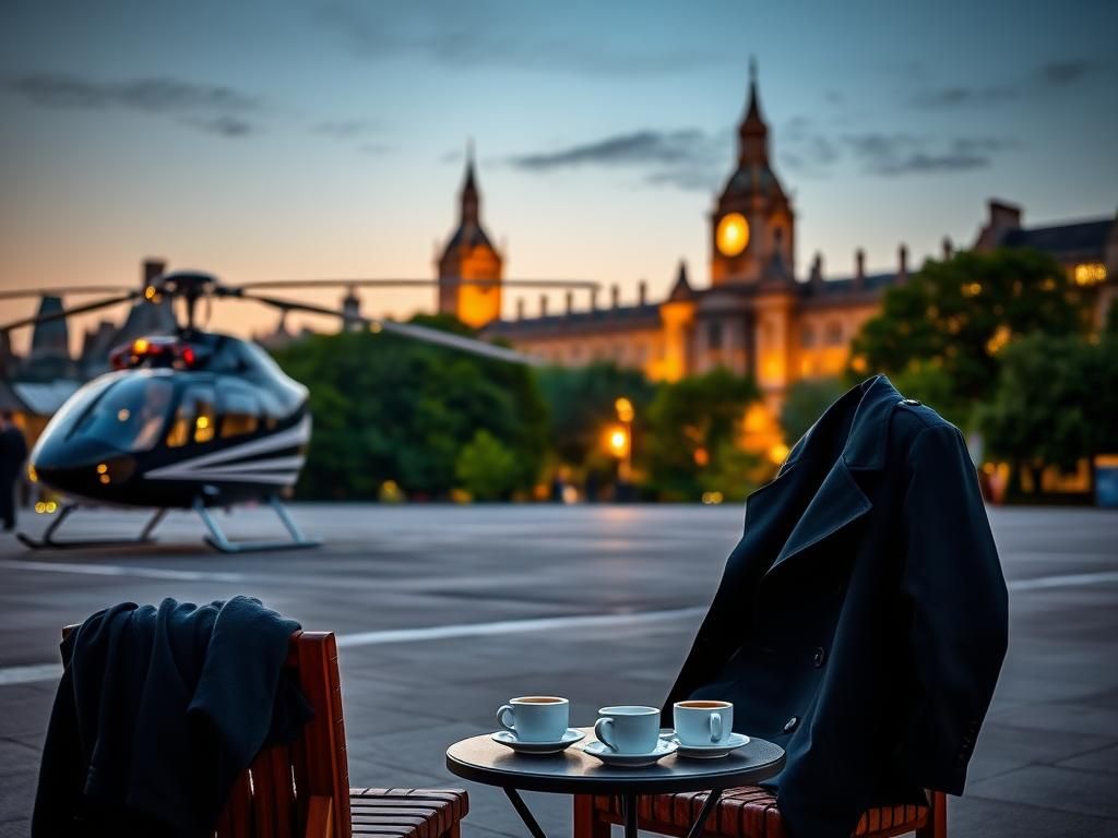 Flick International Elegant helicopter parked at a busy London helipad at dusk