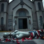 Flick International Exterior view of Catholic Church named after St. Patrick vandalized with Satanic graffiti