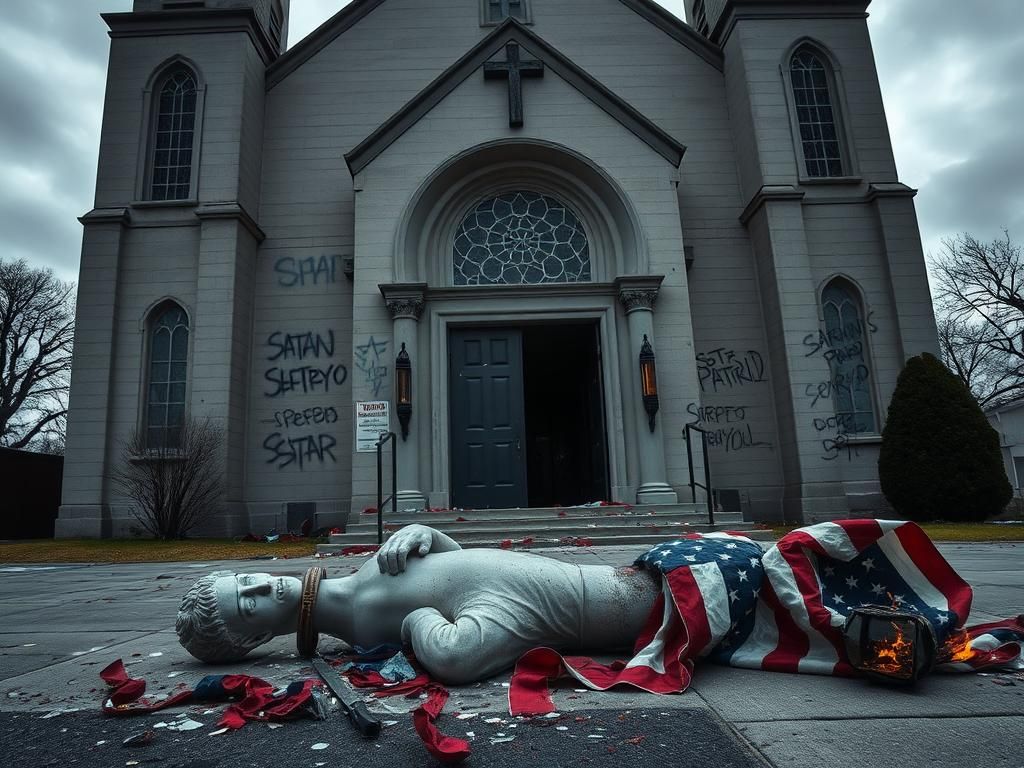 Flick International Exterior view of Catholic Church named after St. Patrick vandalized with Satanic graffiti