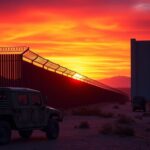 Flick International Dramatic sunset over the U.S. southern border with a strong border wall and military vehicle