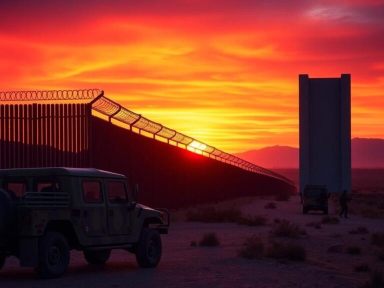 Flick International Dramatic sunset over the U.S. southern border with a strong border wall and military vehicle