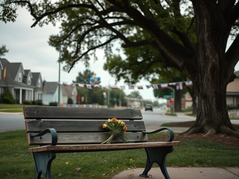 Flick International Empty Fourth of July parade route in Highland Park, Illinois, with a weathered bench and wilted flowers symbolizing loss