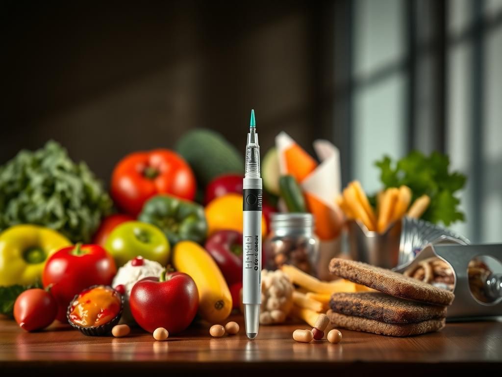 Flick International A vibrant still life scene featuring an Ozempic injection pen surrounded by fresh fruits and unhealthy snacks.