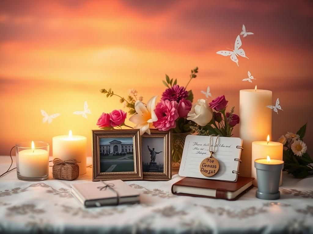 Flick International A serene memorial altar featuring candles, flowers, and personal mementos honoring a Columbine shooting survivor.