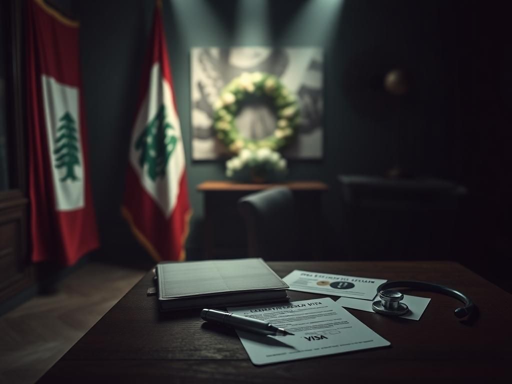 Flick International Dimly lit room with a Lebanese flag and funeral wreath reflecting the heritage of deported professor Dr. Rasha Alawieh