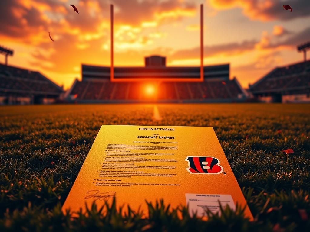 Flick International A dramatic football field featuring Cincinnati Bengals colors with a glowing NFL contract document.