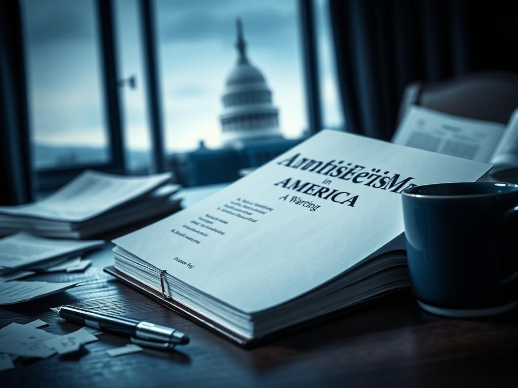 Flick International Close-up of an open book titled 'Antisemitism in America: A Warning' on a wooden desk with a U.S. Capitol building in the background.