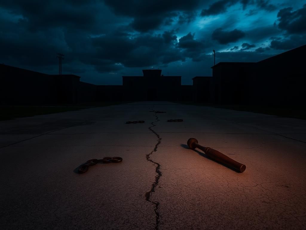 Flick International Dark and foreboding prison yard at Mule Creek State Prison during twilight