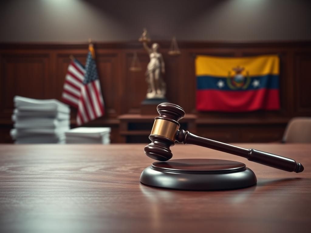 Flick International Dramatic courtroom scene with gavel, legal documents, and scales of justice symbolizing legal decisions