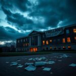 Flick International A stark university campus at dusk with torn protest banners