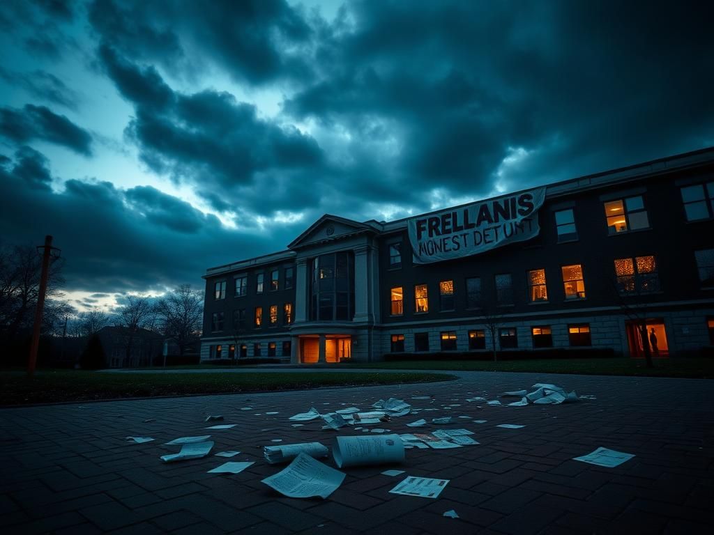 Flick International A stark university campus at dusk with torn protest banners