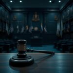 Flick International Empty wooden judge's gavel on a polished bench in a somber courtroom setting.