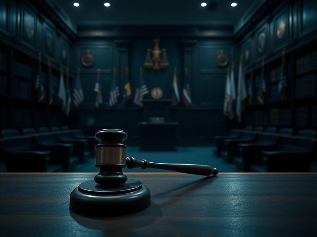 Flick International Empty wooden judge's gavel on a polished bench in a somber courtroom setting.