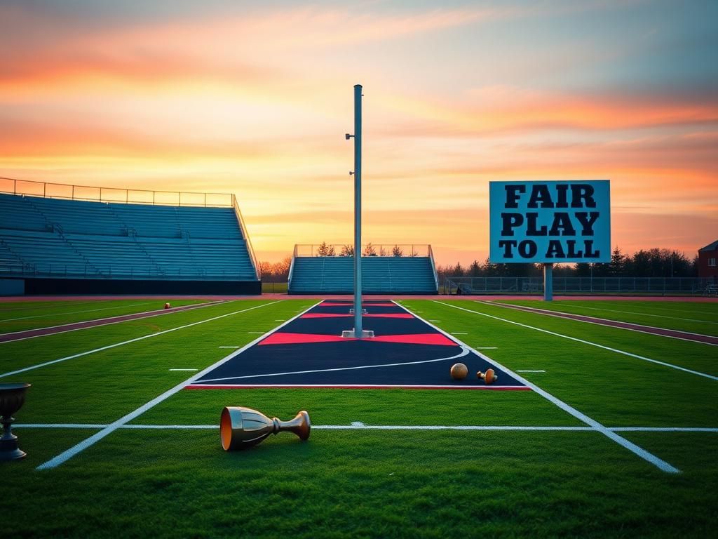 Flick International A vibrant sports field at dawn with a track and pole vault setup