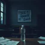 Flick International Empty lecture hall at Columbia University with a focus on a podium and scattered papers