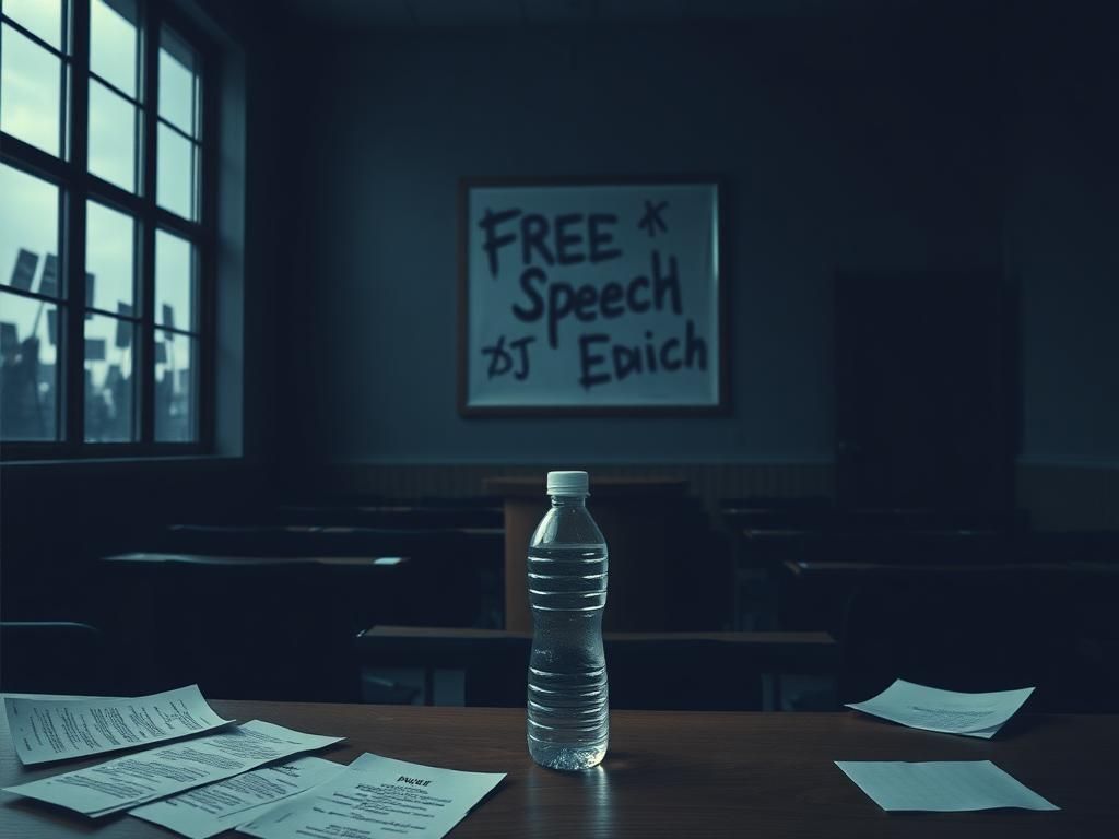 Flick International Empty lecture hall at Columbia University with a focus on a podium and scattered papers