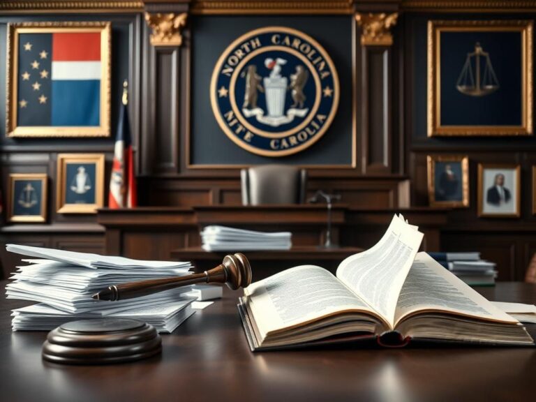 Flick International Courtroom scene featuring an empty judge's bench and North Carolina state seal