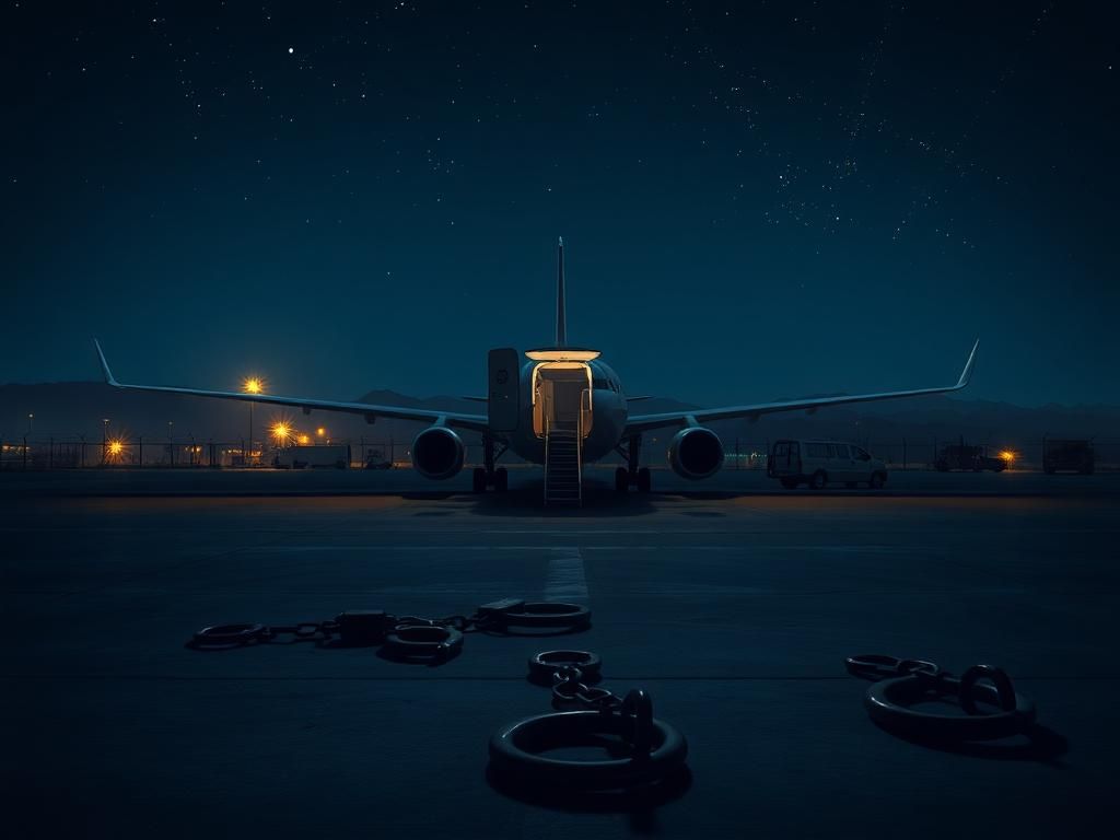 Flick International A dramatic digital artwork of an airport runway at night, featuring an illuminated empty airplane and abandoned shackles.