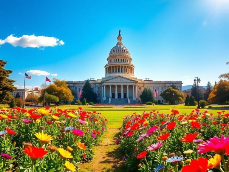 Flick International Vibrant scene of the California state capitol building in Sacramento surrounded by a colorful park.