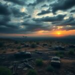 Flick International Aerial view of a battleground with destroyed Houthi military vehicles and weaponry in a conflict landscape