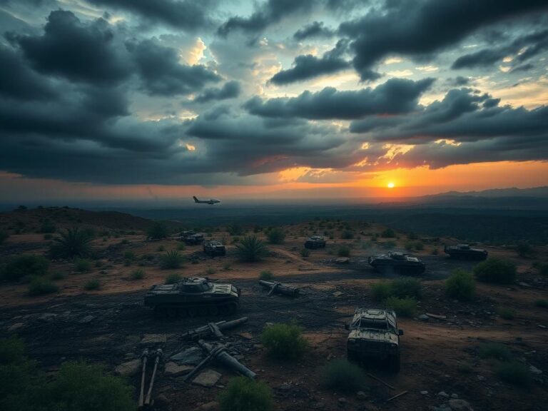 Flick International Aerial view of a battleground with destroyed Houthi military vehicles and weaponry in a conflict landscape