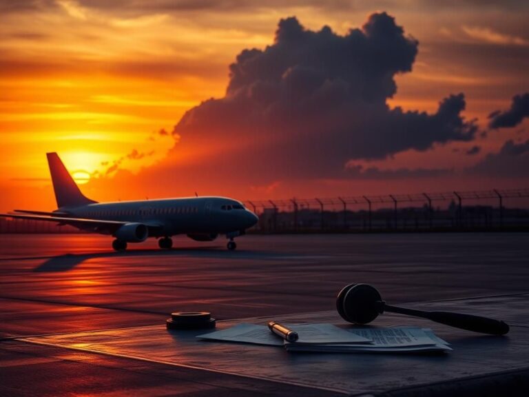 Flick International An empty airport tarmac at twilight with an abandoned airplane and scattered legal documents symbolizing a court battle over deportation flights