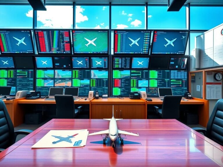 Flick International Detailed scene inside a modern airport control tower showcasing flight monitoring screens and a polished wooden desk