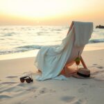 Flick International Beach scene at dawn with a white dress draped over a chair