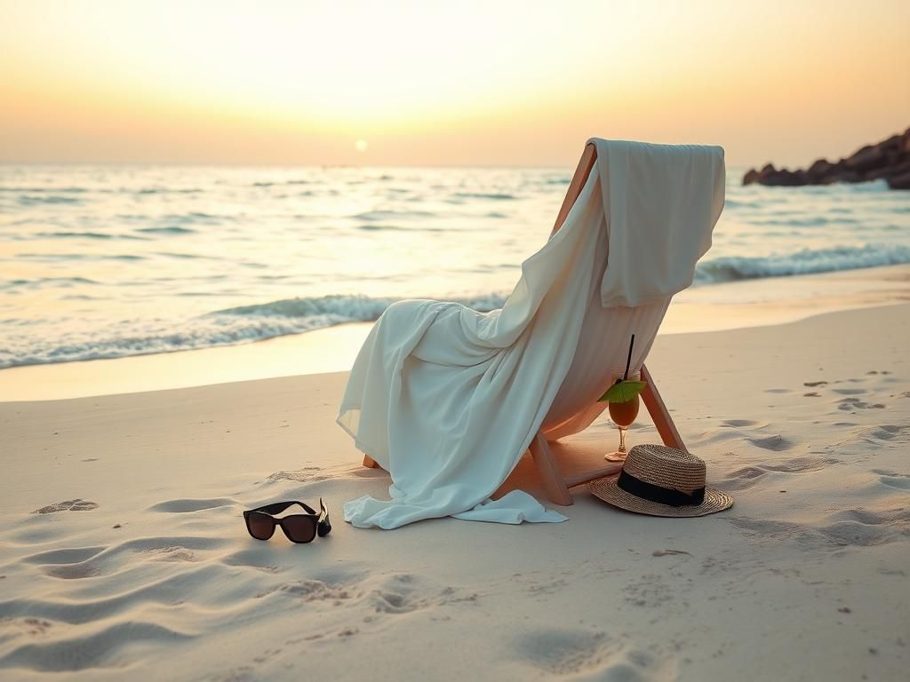 Flick International Beach scene at dawn with a white dress draped over a chair