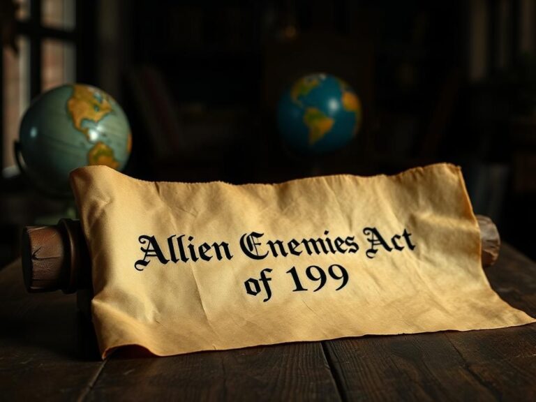 Flick International A weathered parchment scroll displaying the 'Alien Enemies Act of 1798' on a rustic wooden table