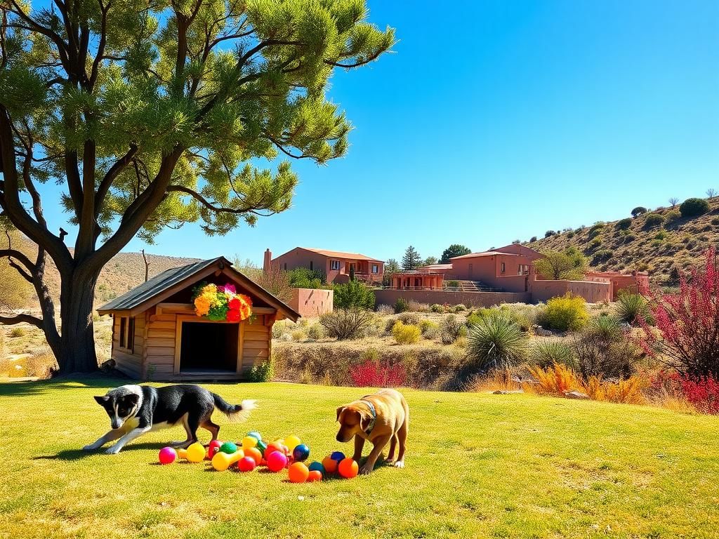 Flick International Two medium-sized dogs, Bear and Nikita, playing with dog toys on a sunny day in Santa Fe, New Mexico