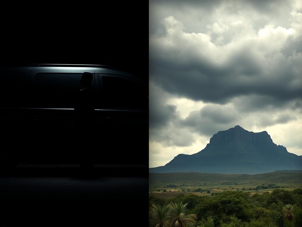 Flick International Split-composition image depicting a closed U.S. Secret Service vehicle and South Africa's Table Mountain under a stormy sky