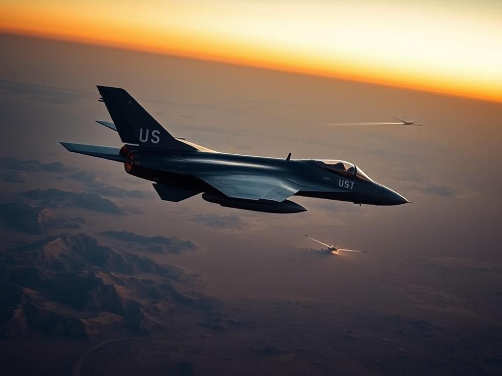 Flick International A sleek U.S. fighter jet soaring through a twilight sky over Yemen