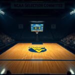 Flick International Dramatic nighttime scene of an empty basketball court representing West Virginia Mountaineers