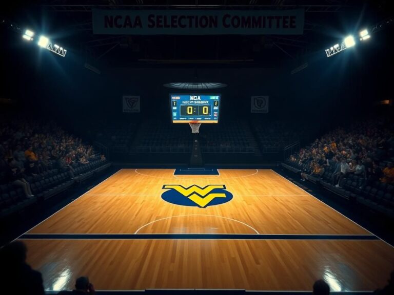 Flick International Dramatic nighttime scene of an empty basketball court representing West Virginia Mountaineers