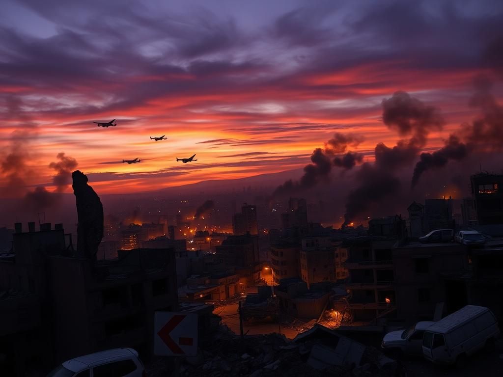 Flick International Aerial view of the devastated Gaza Strip at dusk with smoke and debris