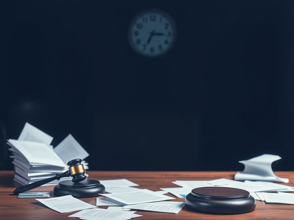 Flick International Courtroom scene with an empty witness stand and shadowy silhouettes of legal books