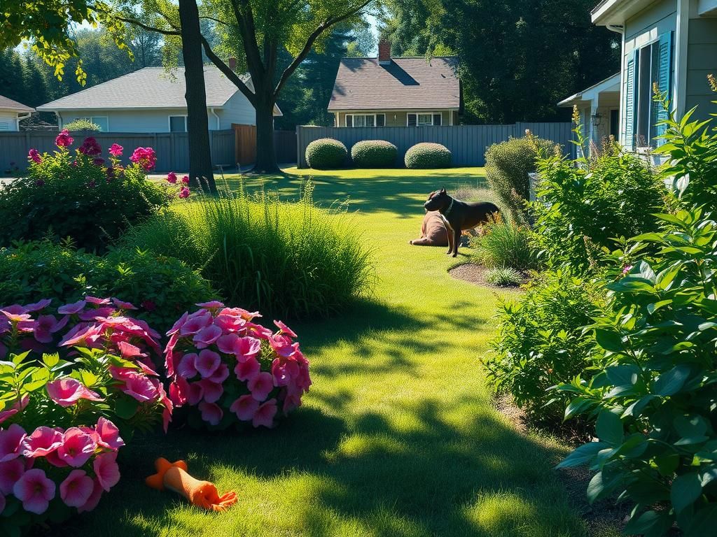 Flick International Serene garden scene with vibrant flowers and lurking pit bulls in the background