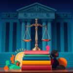 Flick International Balanced scale of justice atop colorful law books symbolizing diversity, equity, and inclusion in the legal field