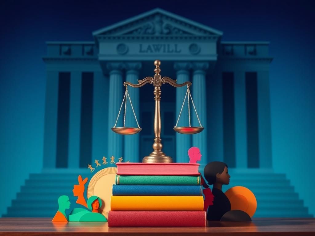 Flick International Balanced scale of justice atop colorful law books symbolizing diversity, equity, and inclusion in the legal field