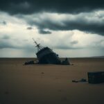 Flick International Silhouette of a shipwreck in a vast desert landscape under an overcast sky