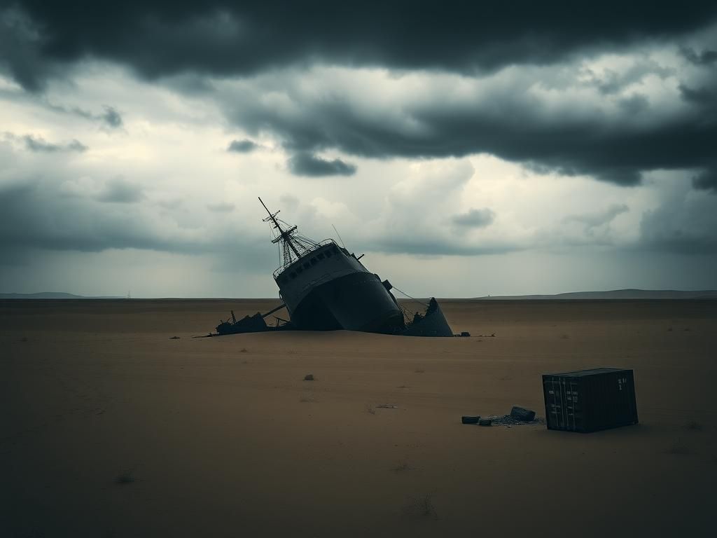 Flick International Silhouette of a shipwreck in a vast desert landscape under an overcast sky