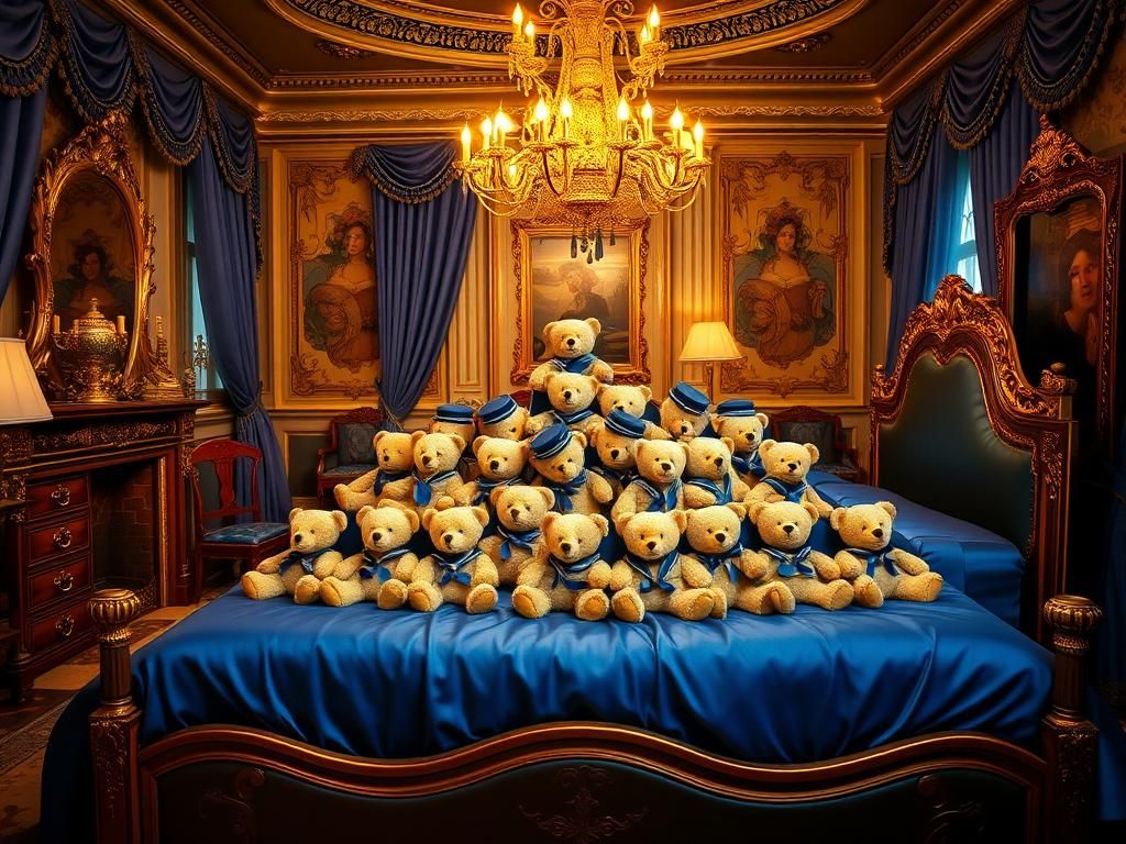 Flick International A meticulously arranged collection of teddy bears on a royal bed