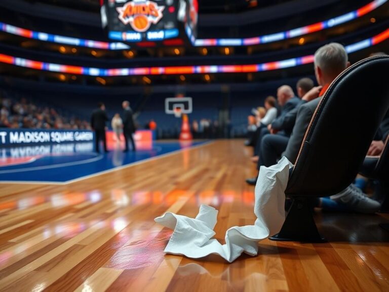 Flick International Empty plush courtside seat at Madison Square Garden showing crumpled paper towel and spilled drink near symptoms of distress after Tracy Morgan incident