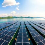 Flick International Panoramic view of the Omkareshwar Floating Solar Park with solar panels on water