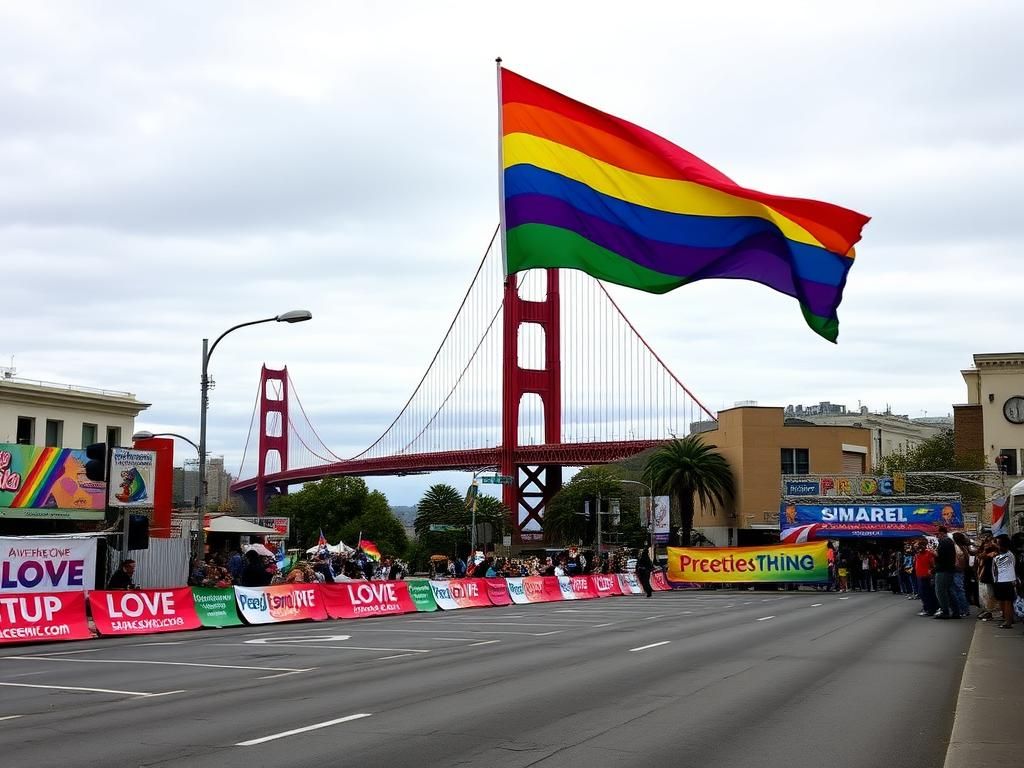 Flick International Colorful rainbow flag waving on a San Francisco street with the Golden Gate Bridge in the background