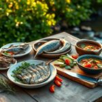 Flick International A rustic wooden table displaying various invasive animal dishes in a serene outdoor setting