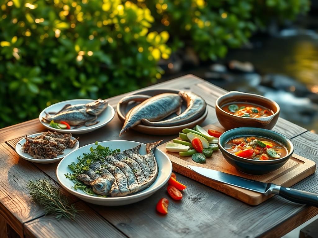 Flick International A rustic wooden table displaying various invasive animal dishes in a serene outdoor setting