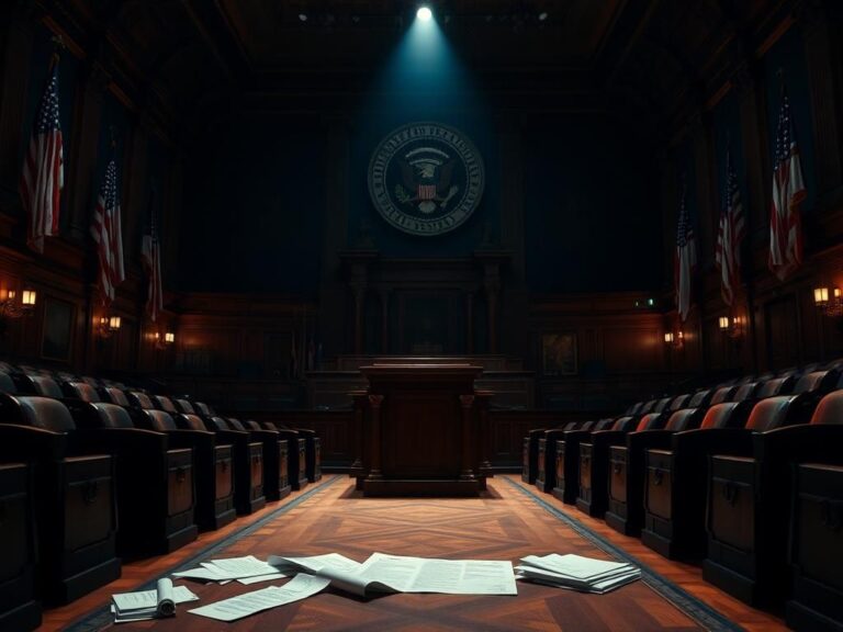 Flick International Dimly lit Congressional chamber with empty seats and ornate podium, symbolizing anticipation before Trump's address